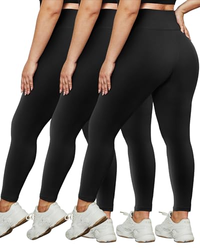 HLTPRO 3 Pack Plus Size Leggings for Women(X-Large - 4X)- High Waist Stretchy Soft Pants for Workout Running Yoga Black/Black/Black