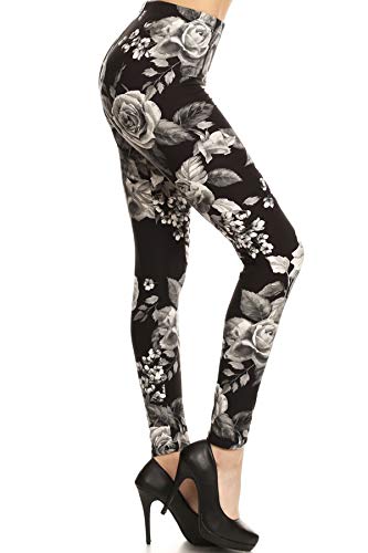 Leggings Depot High Waisted Floral & Space Print Leggings for Women-Full Length-R603, Charcoal Rose, Plus Size