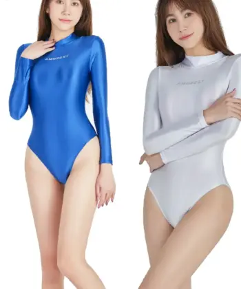 Spandex Costume GlossySilk Women's Long-Sleeve Zip-Back High Fork Sleek swimwear